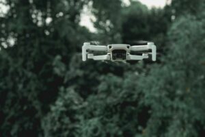 Drone flying near green trees in forest